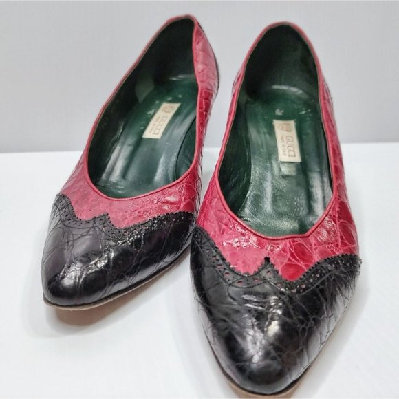 80s Gucci Croc Spectator Classic Heeled Pump Red Black Size 39.5 - Picture 6 of 10